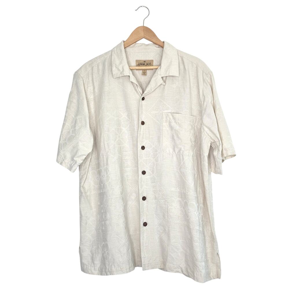 Havana Jacks Cafe 100% Silk Cream Hawaiian Shirt L Tropical Jacquard Camp Floral